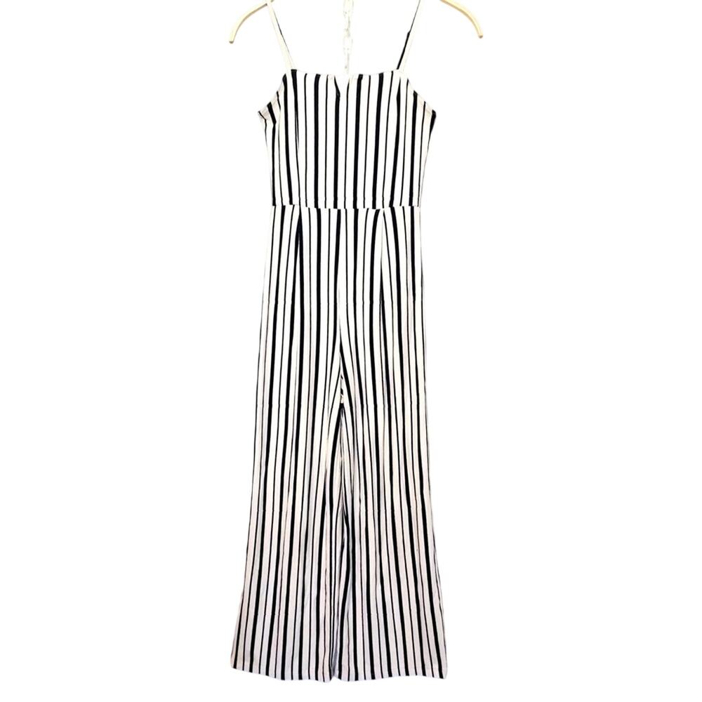 Bershka Navy Blue and White Striped Spaghetti Strap Wide Leg Pants Jumpsuit